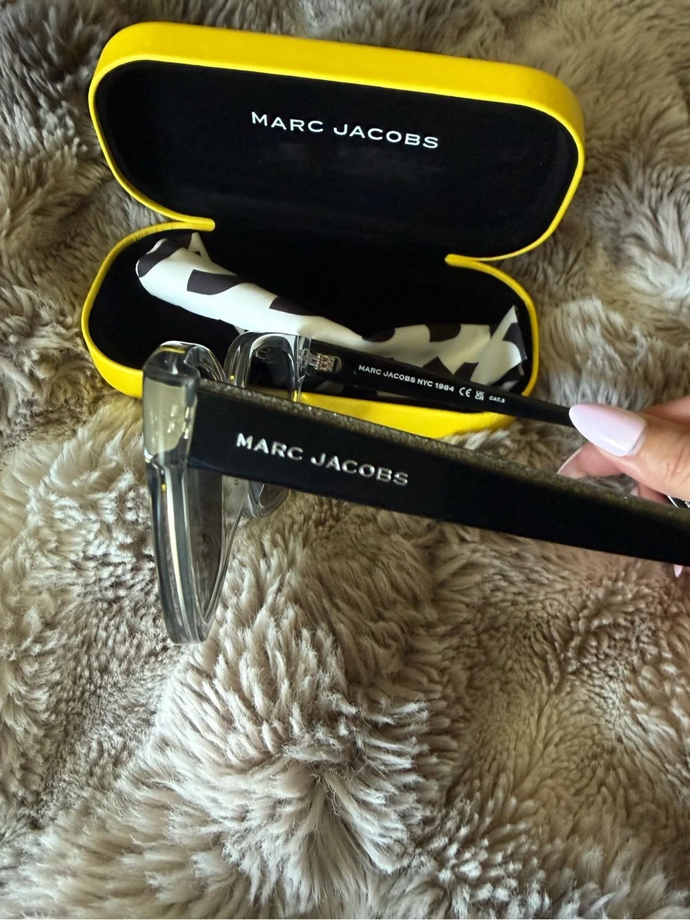 Marc Jacobs Clear Frame Sunglasses with Black Lenses and Yellow Case